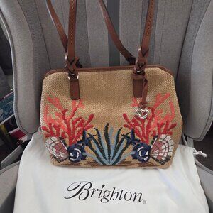 Brighton Sea Shore June Straw Tote Bag Wheat Multi Seashells Coral Leather